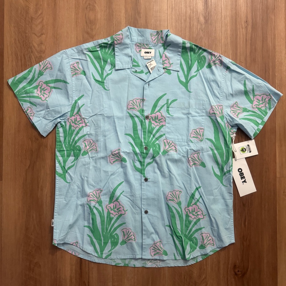 OBEY Camp Shirt Mens Large Short Sleeve Button Up Floral Print - Blue NEW